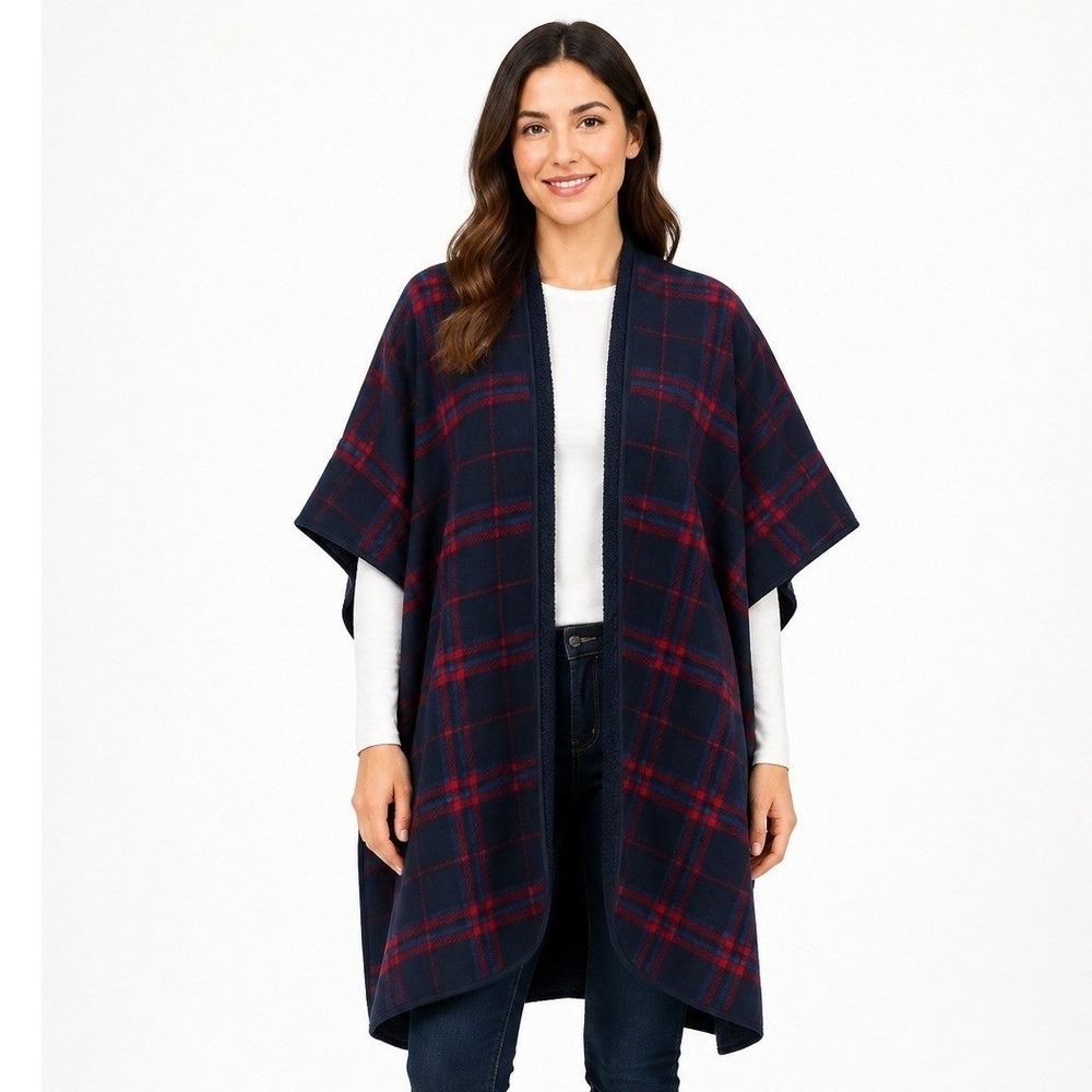 Ike Behar Womens OS Plaid Fleece Poncho Wrap Navy Red Preppy Heritage